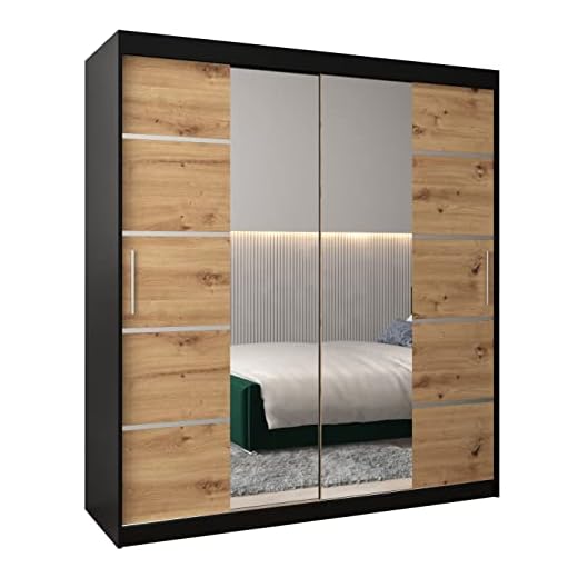 ABIKSMEBLE Verona 4 180 Armadio da Camera a Due Ante Scorrevoli - Armadio Moderno con Specchio, Barra e Ripiani - 180x200x62 cm (L x A x P) - Nero Opaco + Artisan