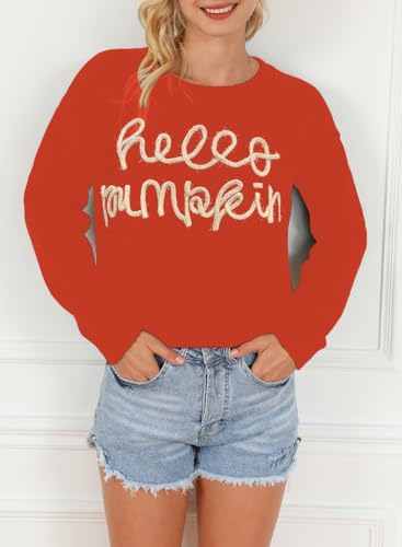 Marzxin Women 2024 Casual Holiday Sweaters Long Sleeve Round Neck Cable Knit Pullover Sweatshirt Tops Halloween Orange Pumpkin M thumb #4