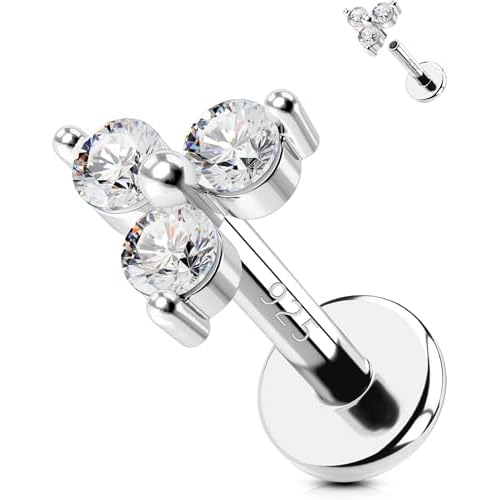 OUFER 925 Sterling Silver Cartilage Helix Earring Studs, 16G Silver Flat Back Earrings, Clear CZ Lip Labret Rings, Monroe Medusa Piercing jewelry for Women and Men-8mm Silver 16G 8MM