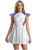 Raenseen Women Metallic Space Alien Cosplay Costume Cap-Sleeve Zipper A-line Dress Astronaut Fancy Dress Blue Medium