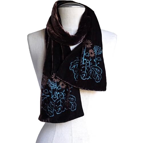 Double - Layer Silk Base Velvet Oblong Scarf, Embroidery, Brown and Black2