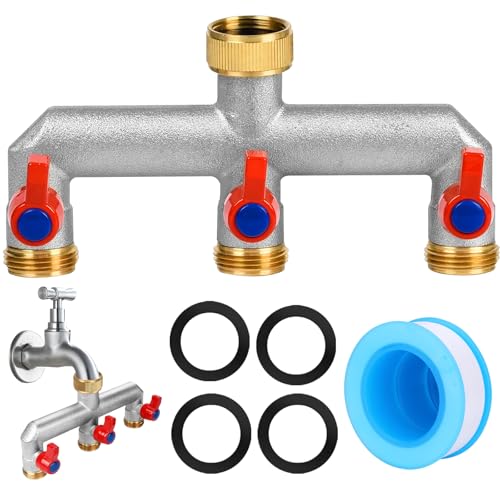 HVIERO Distribuidor de agua de 3 vías, 3/4 pulgadas de latón para conexión de agua, distribuidor de agua para jardín con grifos separados, 3 vías de grifo de agua para casa y jardín