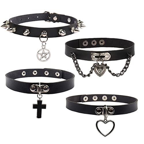 Yomlry 4Pcs Black Goth Choker for Women Leather Gothic Spiked Choker Set Adjustable Punk Leather Choker Collar for Women Men set