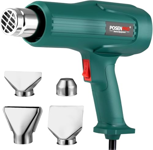 POSENPRO Pistola de Aire Caliente Profesional de 2000W, Temperatura: 350/600 °C, 2 Flujo de Aire, Protección de Sobrecarga, Núcleo Calefactor Cerámico, 4 Accesorios