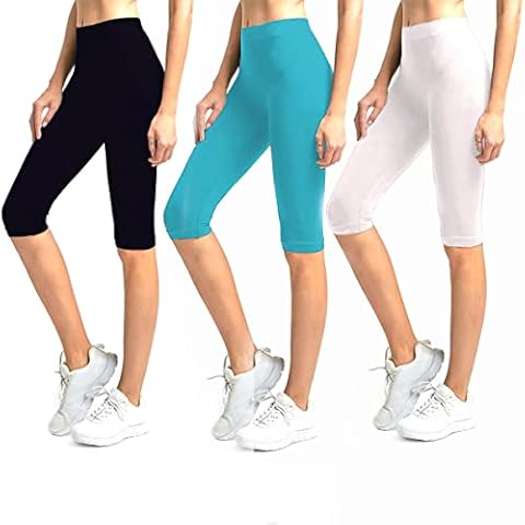 Glass House Apparel 3-Pack Solid Knee Length Spandex Yoga Leggings (Royal Blue, Aqua, White) Cover