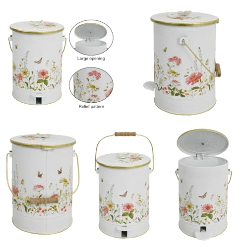 Image of White Floral Metal Step Trash Can with Lid, 8L Vintage Butterfly & Wildflower Decorative Waste Basket with Handles for Bathroom, Bedroom, Kitchen, 14.57 inch x 9.84 inch