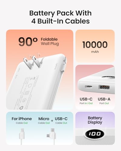 Image of Portable Charger with Wall Plug, Slim USB C Power Bank with Built-in Cables, 10000mah LED Display External Battery Pack Compatible with iPhone /Android & More(White)