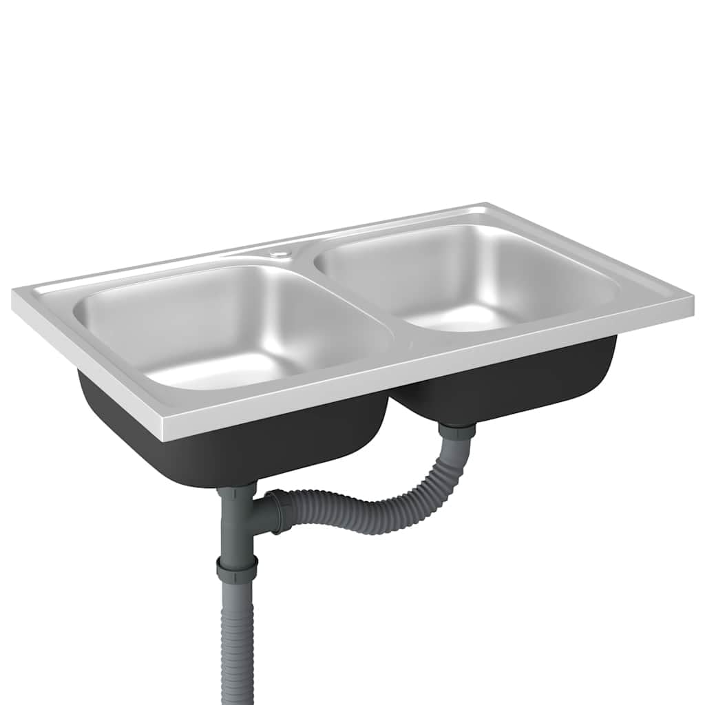 Fregadero doble plateado de acero inoxidable, 800 x 500 x 155 mm, con escurridor y sifón, para cocina, lavadero, camping, autocaravana