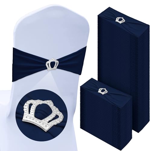 VitalCozy 100 Pcs Spandex Chair Sashes with Crown Buckle, Navy Blue