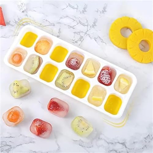 Kit 4 Unidades Forma Com Tampa Gelo Ice Flexivel Forminha Fundo Silicone 14 Cubos Alimentos Frutas P