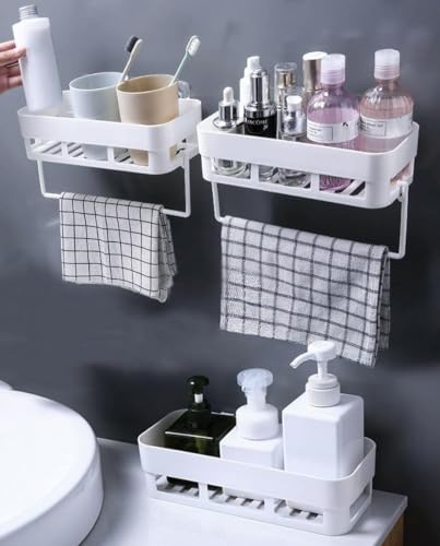 Image of Bathroom Shelf for Wall, Self-Adhesive Bathroom Organiser with Towel Holder, Ideal Bathroom Accessories for Efficient Space Utilisation (2 Self - 1 Towel)