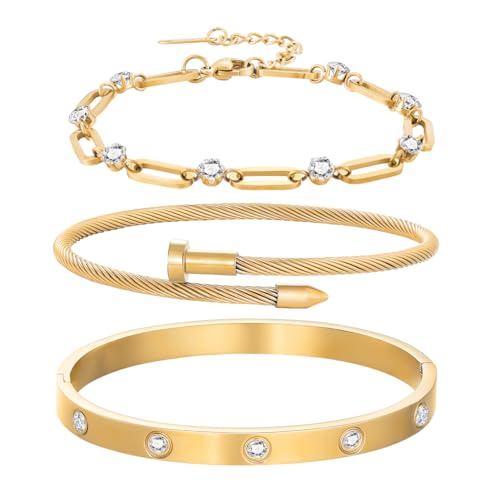 18K Gold Plated Bangle Bracelets for Women, Stackable Love Bangle Bracelet Set, Stainless Steel Non Tarnish Bracelet Set, Adjustable Bracelets Jewelry Christmas Valentine Birthday Gifts, Gold