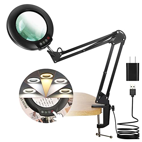 Veemagni 8X Magnifying Glass With Light, 5 Color Modes Stepless Dimmable, Adjustable Swing Arm Led Lighted Desk Lamp With Clamp, Hands Free Magnifier With Light And Stand For Craft Hobby Close Works #TOP25