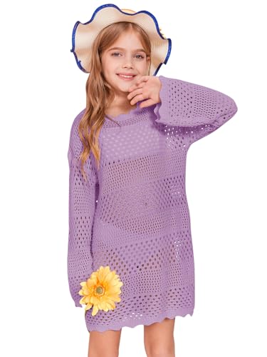 Image of Batermoon Girls Crochet Long Sleeve Swimsuit Cover Up Kids Fashion Hollow Out Swimwear Beach Dress 5-14 Years