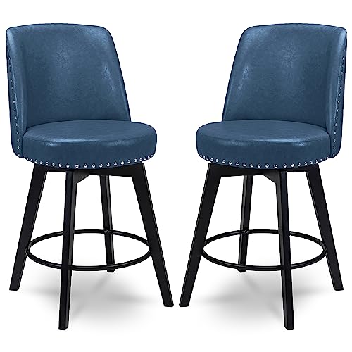 MINCETA Counter Stools26 360 Free Swivel High Back Full Back Upholstered Nail Head Counter Height Bar StoolsSet of 2PU in Navy