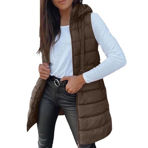 Chaleco Mujer Largo Invierno Acolchado Chaqueta sin Mangas Algodón Chalecos Largos Casual Moda Abrigo con Capucha Abrigos De Invierno Termico Parka Cálido Talla Grande Outwear con Cremallera Otoño