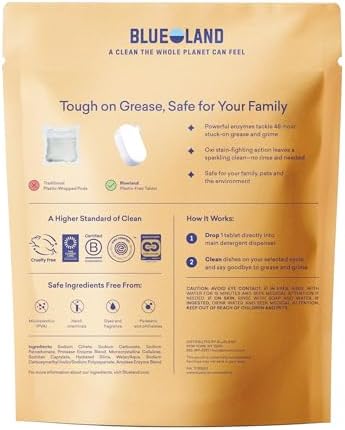 BLUELAND 100% Plastic-Free Dishwasher Detergent Tablets, 60 Count, Free & Clear, Eco-Friendly Dishwashing Pods, Cuts Grease & Stuck on Food, Rinses Clean for Streak-Free Shine