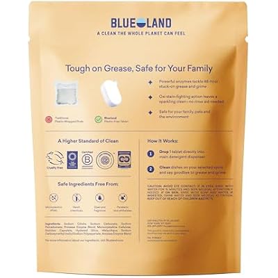 BLUELAND 100% Plastic-Free Dishwasher Detergent Tablets, 60 Count, Free & Clear, Eco-Friendly Dishwashing Pods, Natural, USDA Certified biobased