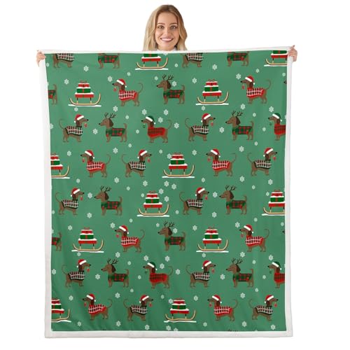 Erosebridal Christmas Throw Blanket for Couch Dachshund Theme Fleece Twin Size Cute Animal Sherpa Blanket Lovely Dog Puppy Blankets Winter White Snowflake Printed Fuzzy Blankets Decoratives Green
