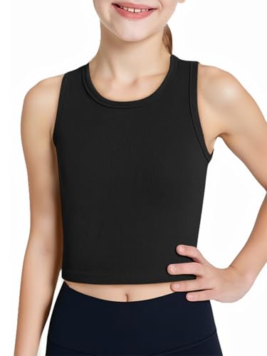 Image of Haloumoning Girls Tank Tops Kids Athletic Ribbed Knit Sleeveless Crop Tops Basic Camisole 5-14 Years