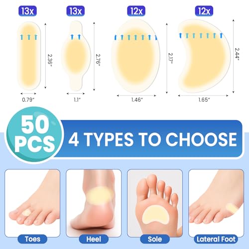 50Pcs Hydrocolloid Bandages，Blister Bandages for Feet, Waterproof Heel & Toe Pads with Cushion Protection, 4 Shape Variety Pack for Blister Prevention