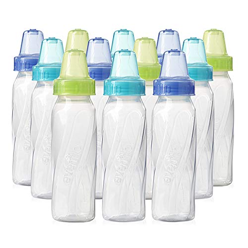 Evenflo Feeding Classic Clear Plastic Standard Neck Bottles for Baby, Infant and Newborn – Teal/Green/Blue, 8 Ounce (Pack of 12)