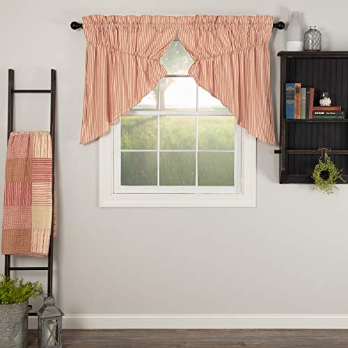 VHC Brands Farmhouse Kitchen Sawyer Mill Ticking Rod Pocket Cotton Drawstring Ties Striped Curtain Prairie Swag Set 36x36x18 Red