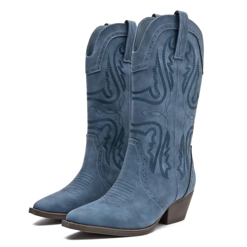 Image of Women's Cowboy Boots Mid Calf Pointed Toe Embroidered Chunky Block Heel | Western style mid-calf boots, breathable lining, all-day comfort,for jeans /dresses,concerts, daily wear, travel.