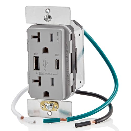 Image of Leviton T5834-G 60W (20V@2.5A+ 5V@2A) USB Dual Type A /Type-C Power Delivery in-Wall Charger with 20A Tamper-Resistant Outlet, USB Charger for Smartphones, Tablets, Laptops, Gray