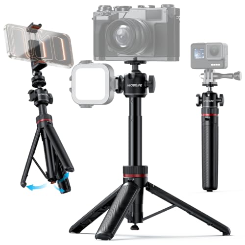 Mobilife Small Camera Tripod Auto-Open, 2-in-1 Vlog Stand with Cold Shoe