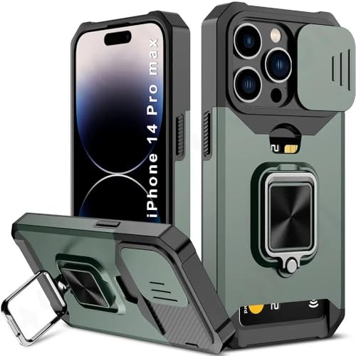 Image of LuxuryKase Shockproof Armor Case for iPhone 14 Pro Max | Slide Camera Cover | Hidden Card Slot | Rotating Ring Kickstand | Magnetic Car Mount Support | Military Grade Protection - Green