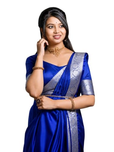 Image of Women's Glory Banarasi Satin Silk Saree Plain Silver Zari | Unstiched Blouse Piece Included.
