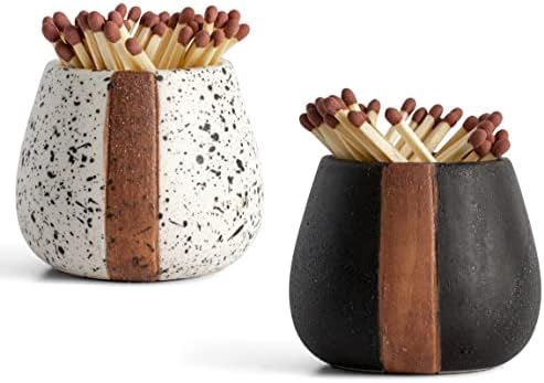 Ceramic Match Holder with Striker - Set of 2 - Matches in a Jar - Decorative Modern Home Decor Gifts - Mantel Decorations - Match Striker Jar for Cute and Fancy Matches - Matches NOT included