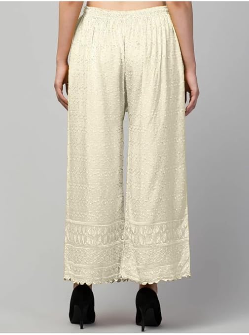 Image of Women's Palazzo Pants Rayon Trousers Chikankari Embroidered Lace Trim Wide Leg Straight Fit Flared Palazzo for Girls & Women
