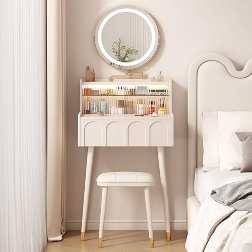 Espejo de maquillaje giratorio con luces, mesa de tocador de madera con cajones y estantes abiertos, diseño compacto para espacios pequeños