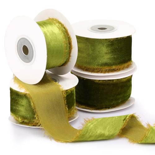 Preboun 4 Rolls Christmas Velvet Ribbon 24 Yards,Olive Green,1.5 Inch