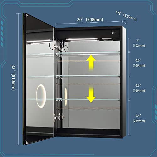Vanirror Recessed Or Surface Led Mirror Medicine Cabinet With Lights, Led Medicine Cabinet With Clock And Temp Display/Defogger, Dimmer, Light Color Change, Outlets & Usb (20X32 Inch/3X Zoom Mirror) #TOP6