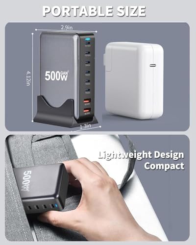 Image of TECHBLAZE 500W GaN 3 Super Fast Charger Adapter, 8-Port (2 USB A+ 6 Type- C) with PD Technology, Universal for iPhone, Android, MacBook, Type-C Laptops, Compact Multi-Device Charging Solution.
