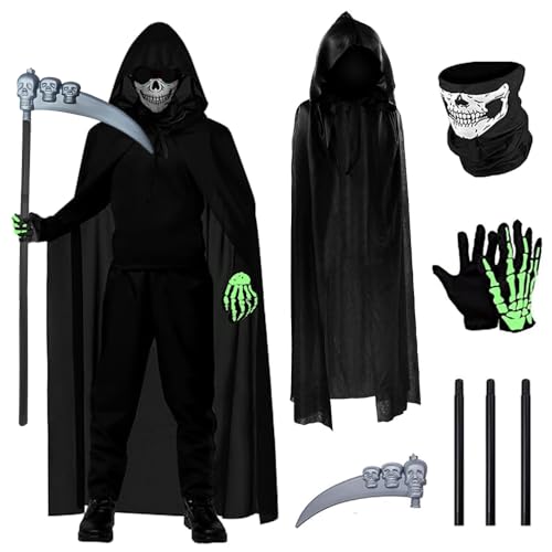 Kostium męski Żniwiarz, na Halloween, z peleryną na Halloween, kosą, szkieletową maską na twarz, rękawiczka, na Halloween, imprezę, dekoracja, cosplay, karnawał (peleryna 140 cm długości, dla