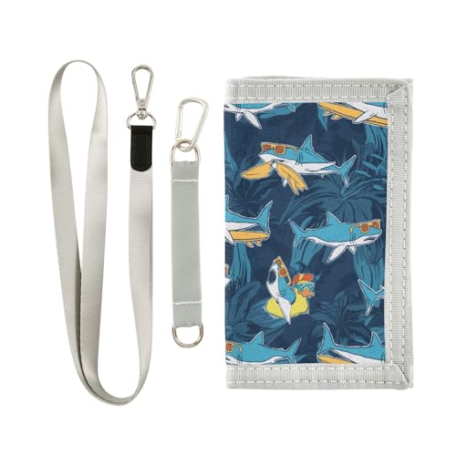 JHKKU Funny Sharks Tropical Flowers Trifold Wallets for Kids Boys Girls, Outdoor Sports Wallet for Teen, with Zipper Coin Pocket Novelty Purse