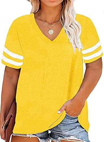 Short Sleeve Tops for Women Business Casual Plus-Size Polo V Neck Tunics Loose Tee Shirts Yellow V3 2X
