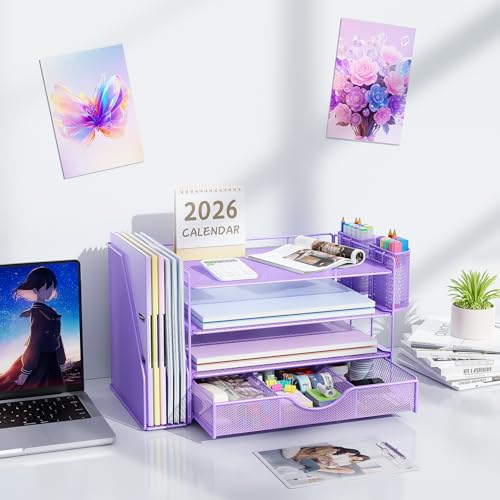 Image of gianotter Desk Organizers and Accessories with File Holder, 4-Tier Desk Accessories & Workspace Organizers with Drawer and 2 Pen Holder, Paper Organizer for Office Supplies (Purple)