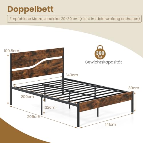 COSTWAY Metalowa rama łóżka na materac 200 x 140 cm, przemysłowe łóżko platformowe z drewnianym zagłówkiem i podnóżkiem, stelaż i miejsce do przechowywania pod łóżkiem, stelaż podwójny, rustykalny