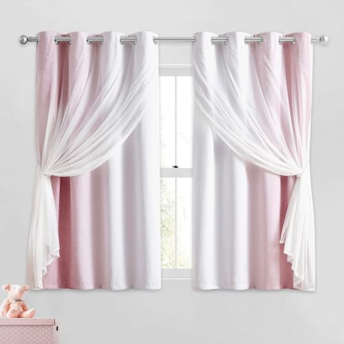 Geomoroccan 100% Blackout Curtains with Sheer Overlay Mix and Match Double Layer Drapes 54 Inch Length 2 Panels for Girls Bedroom Living Room Pink White Ombre Grommet Window Treatment with Tiebacks