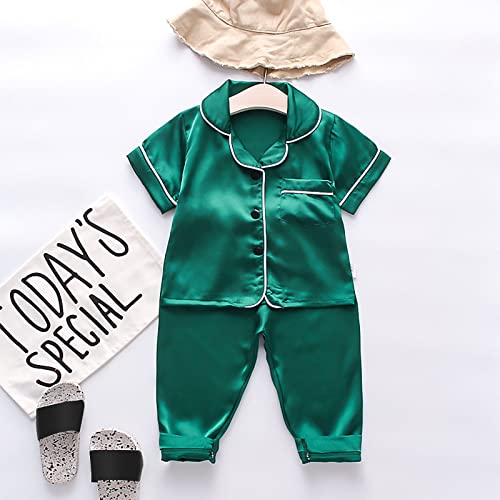 Boys Girls Satin Pajamas Sets 2pc Silky Soft Button Open Front Collar Tops Pants Pj Outfits Plain Summer Sleepwear2