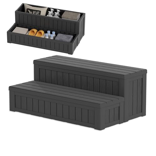 WTFGO 36.6” Hot Tub Steps with Storage, 32 Gallon Capacity Outdoor Spa Steps with No-Screw Snap Assembly, Non-Slip Universal Hot Tub Stairs for Spa, Pool, Patio, RV, Porch & Indoor Use, Medium Black