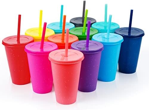 Reusable Plastic Cups with Lids Straws: 12Pcs 16oz Colorful Bulk Party Cups/BPA-Free Dishwasher-Safe Cold Drink Travel Tumblers for Iced Beverage Water Smoothie Coffee for Adults Kids (M-16 oz)