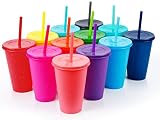 Reusable Plastic Cups with Lids Straws: 12Pcs 16oz Colorful Bulk Party Cups/BPA-Free Dishwasher-Safe