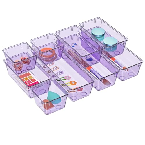 Image of WOWBOX 9 Pack Clear Drawer Organizer Set, Acrylic Drawer Storage Trays, Storage Bins for Makeup, Cosmetics, Jewelries, Utensils, Gadgets, Office, Purple