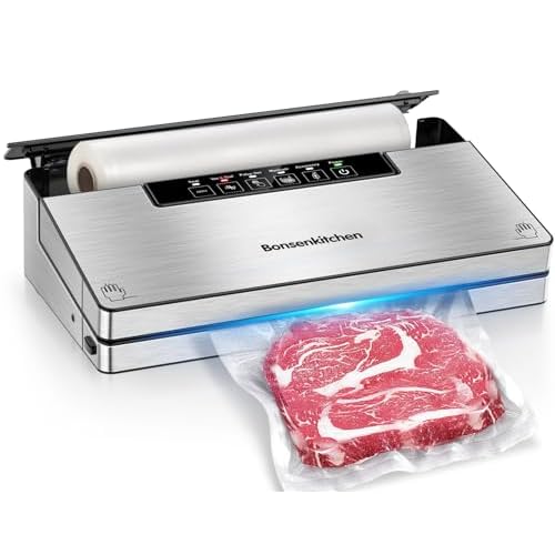 Bonsenkitchen Vacuum Sealer Machine, Stainless Steel Food Sealer Vacuum Sealers with 1 Roll & 5 Bags, 5 Food Vacuum Modes, Built-in Cutter & Bag Storage (Silver Black) Silver-Black 1 Roll +